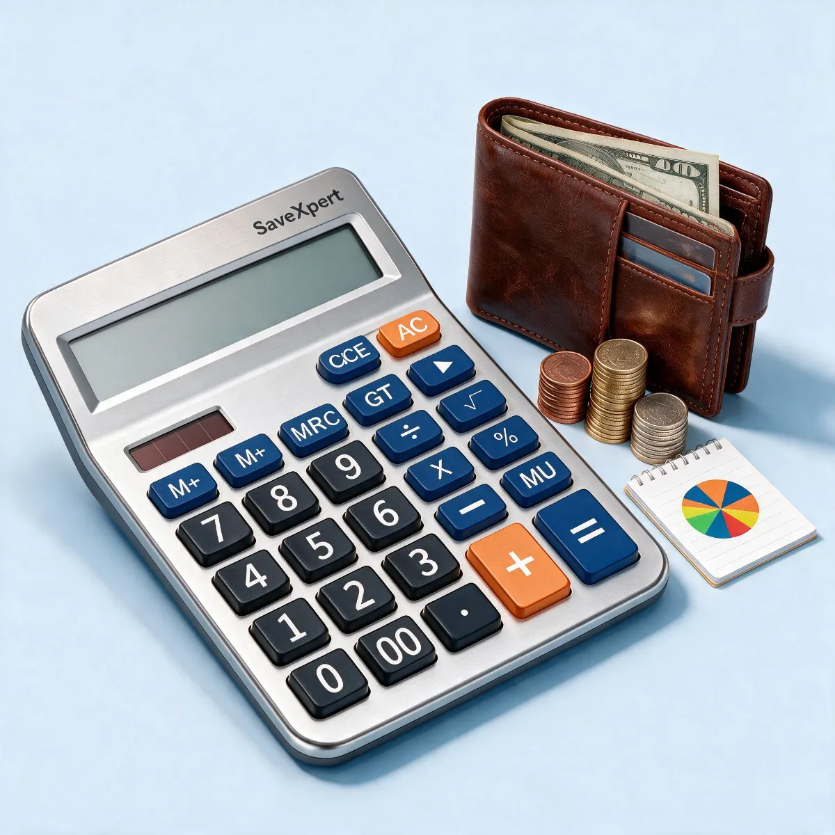 SaveXpert Budget Calculator icon featuring a silver metallic calculator, leather wallet with cash, coins, and a pie chart notepad.