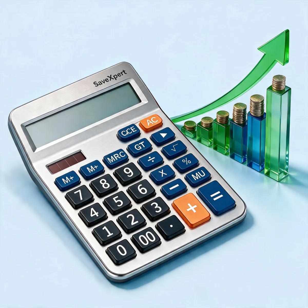 SaveXpert Compound Interest Calculator icon showing a silver calculator next to a rising green growth arrow and progressive bar chart.