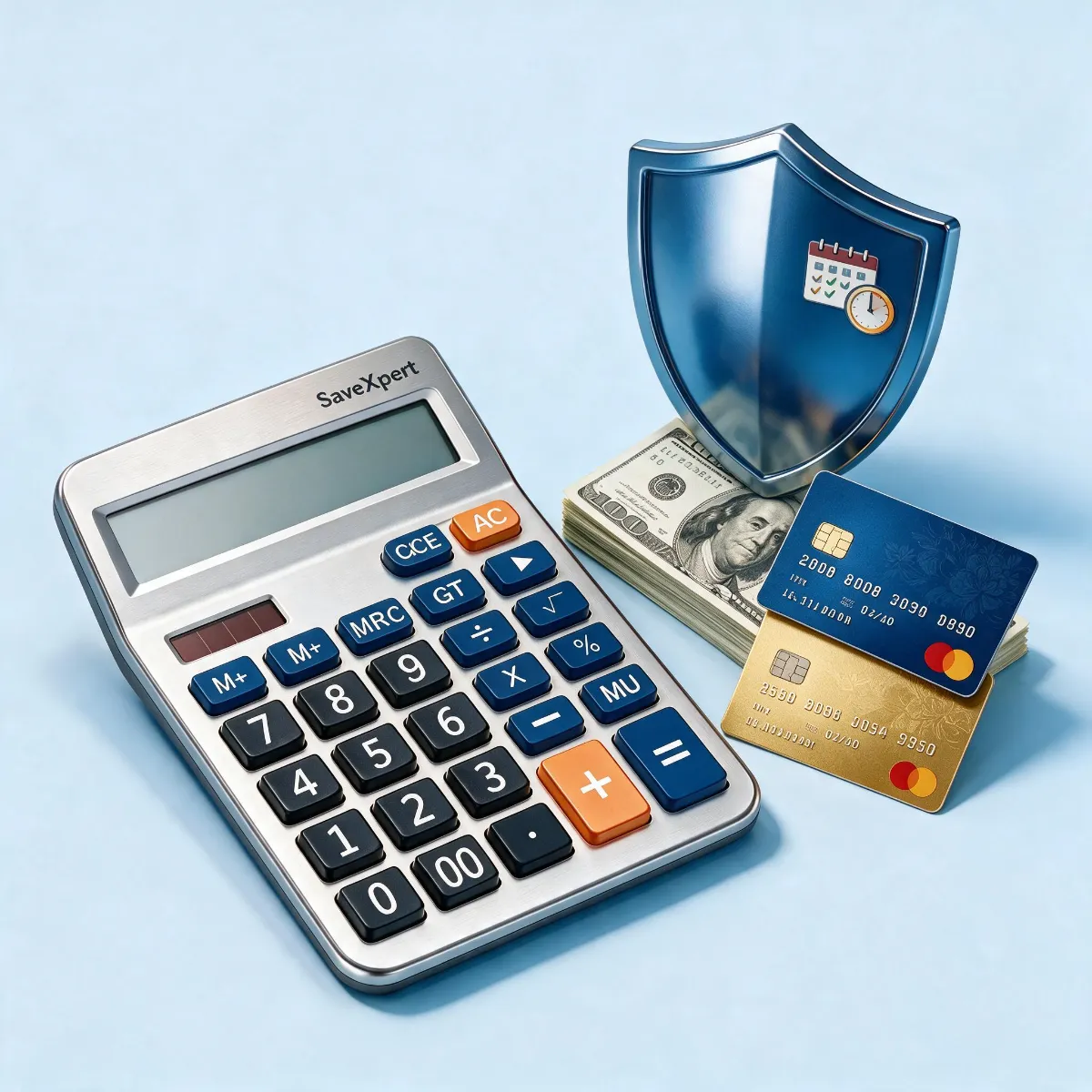 SaveXpert Credit Card Payoff Calculator icon showing a silver calculator beside stacked credit cards, cash, and a calendar security shield.