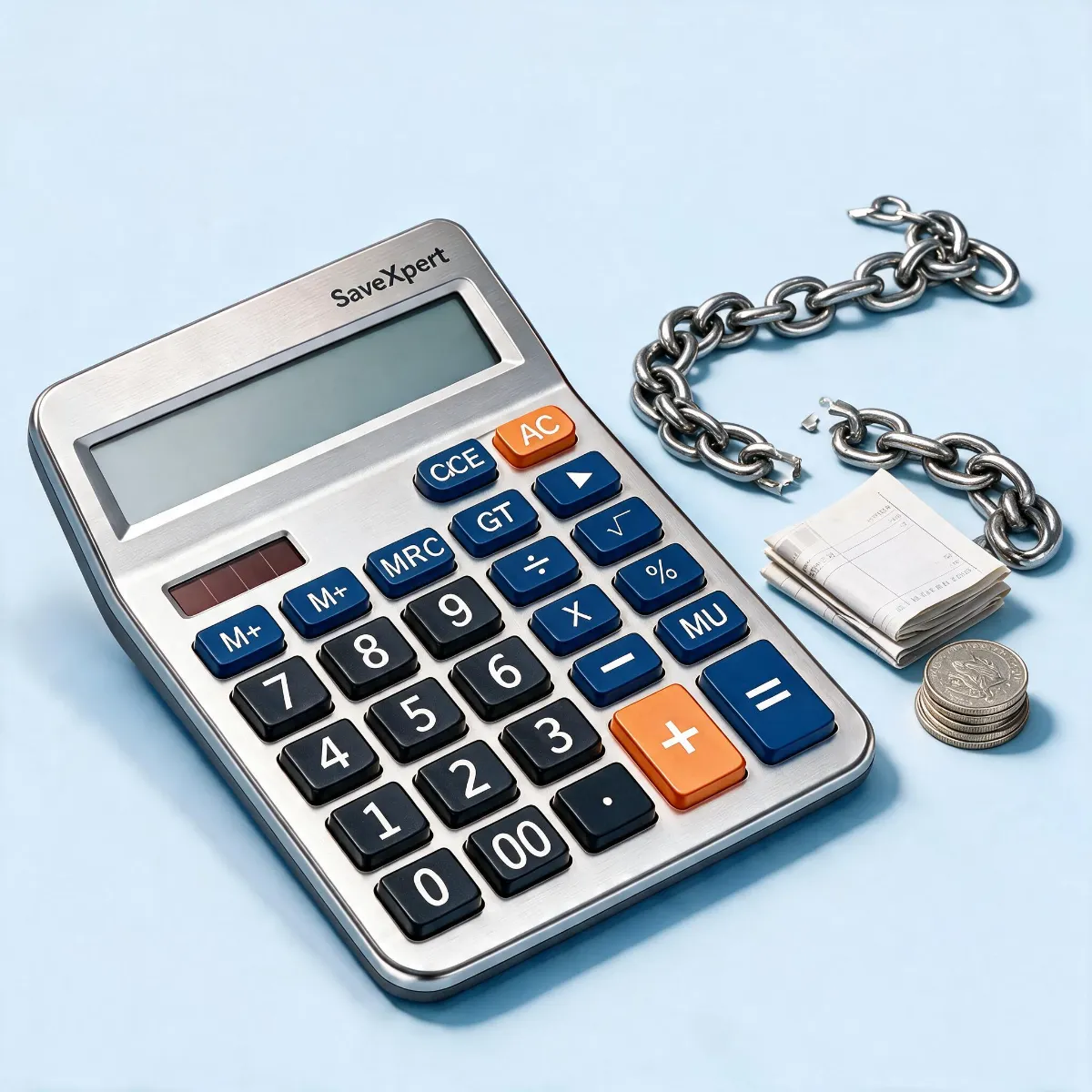SaveXpert Debt Payoff Calculator icon showing a silver calculator beside a broken metal chain, folded bills, and stacked coins.