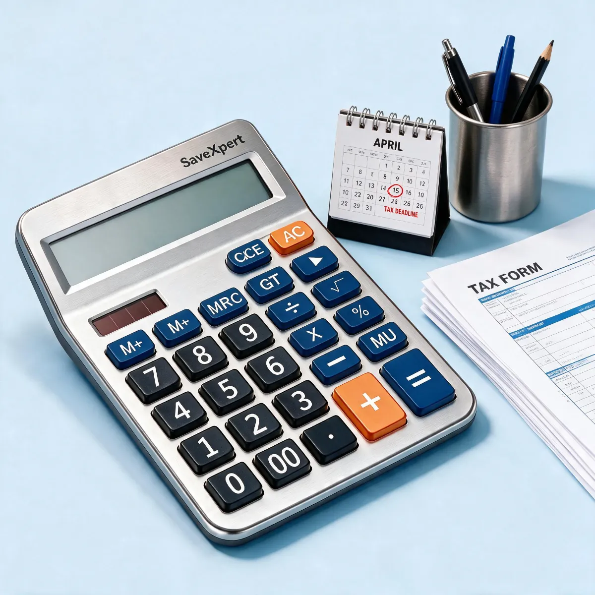 SaveXpert Income Tax Calculator icon featuring a metallic calculator next to an April tax deadline calendar, pen holder, and tax forms.