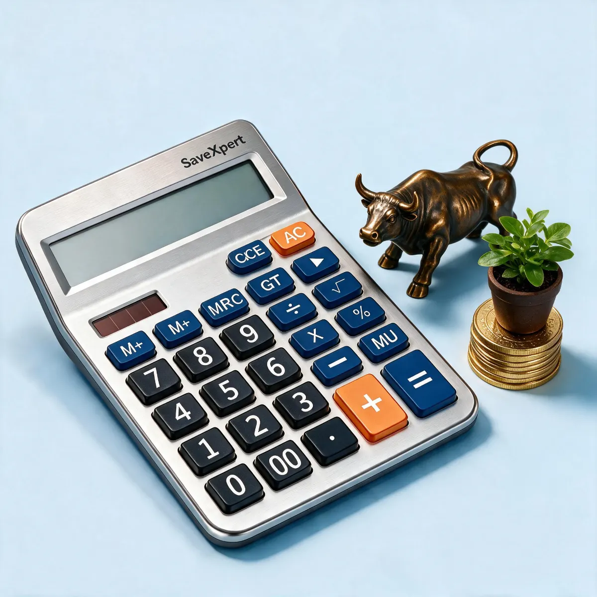 SaveXpert Investment Return Calculator icon featuring a metallic calculator beside a bronze bull statue and a potted plant on gold coins.
