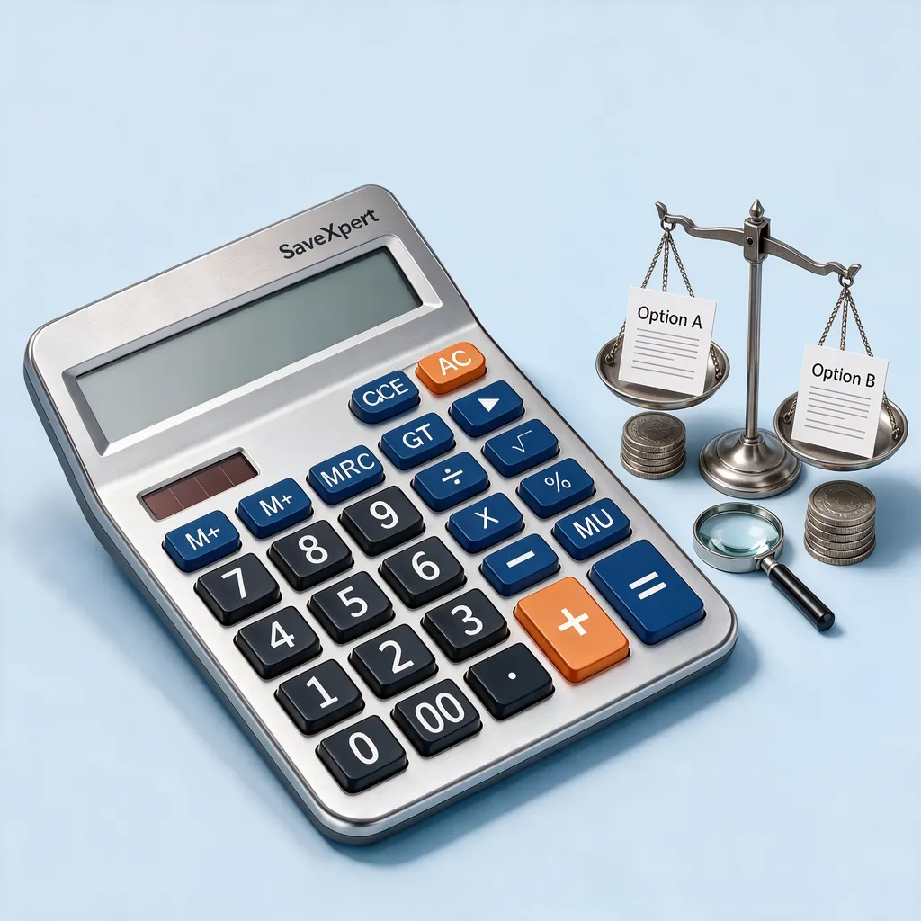 SaveXpert Loan Comparison Calculator icon featuring a silver calculator next to a balance scale comparing Option A and Option B loan documents.