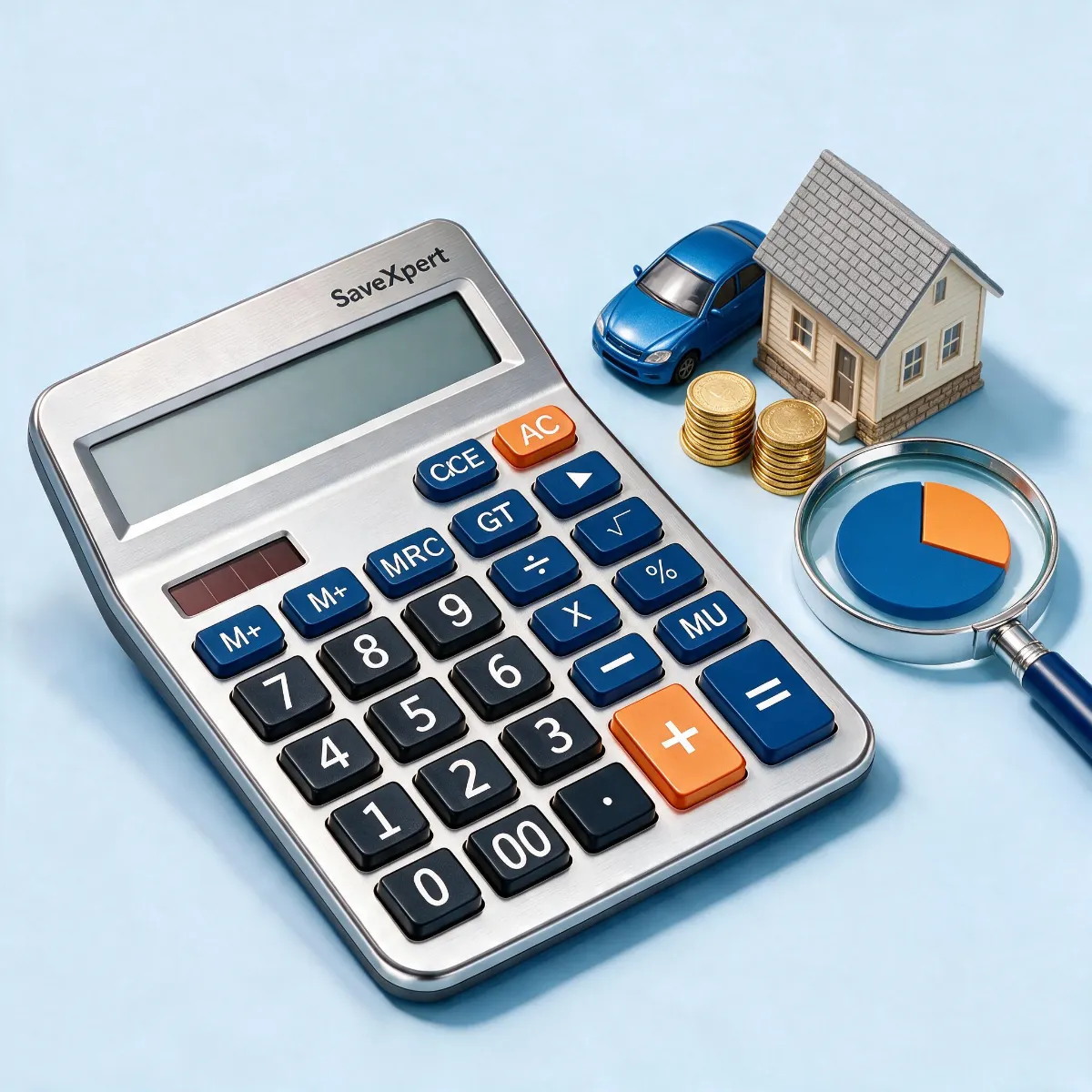 SaveXpert Loan EMI Calculator icon displaying a silver calculator next to a miniature blue car, 3D house model, and pie chart magnifying glass.
