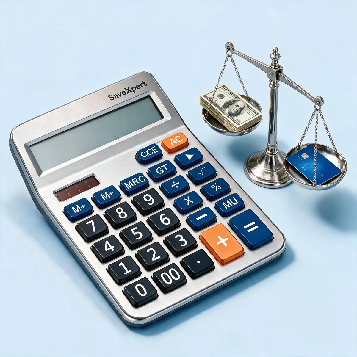 SaveXpert Net Worth Calculator icon featuring a metallic calculator beside a balance scale weighing cash stacks against a credit card.