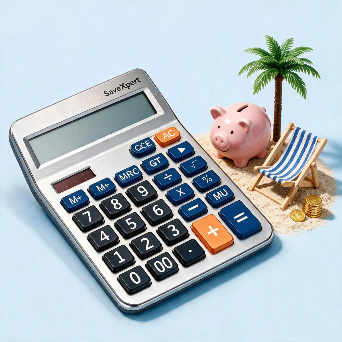 SaveXpert Savings Goal Calculator icon showing a metallic calculator beside a miniature beach chair, palm tree, and piggy bank on sand.