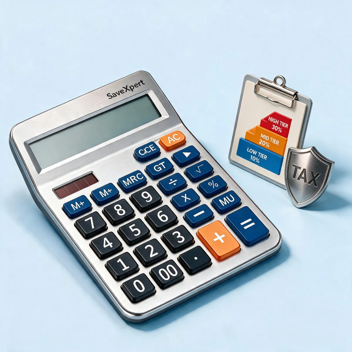 SaveXpert Tax Bracket Calculator icon displaying a silver calculator next to a tiered tax percentage clipboard and TAX metal shield.