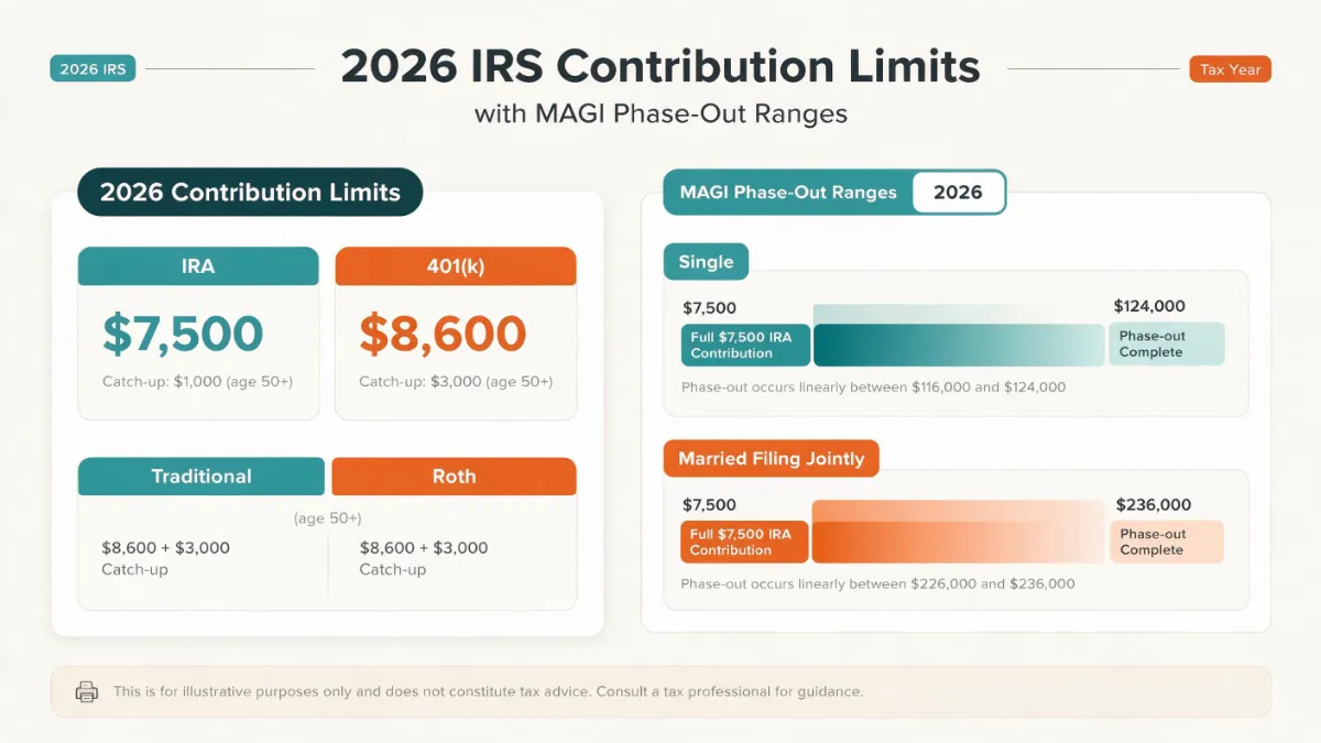 Infographic summarizing the 2026 IRA contribution limits age 50 and older, and the Roth IRA income limits for 2026, married and single.