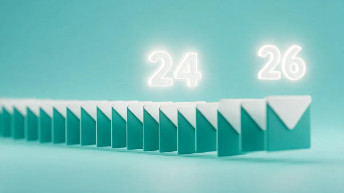 A 3D conceptual illustration showing the difference between 24 semimonthly paychecks and 26 biweekly paychecks.