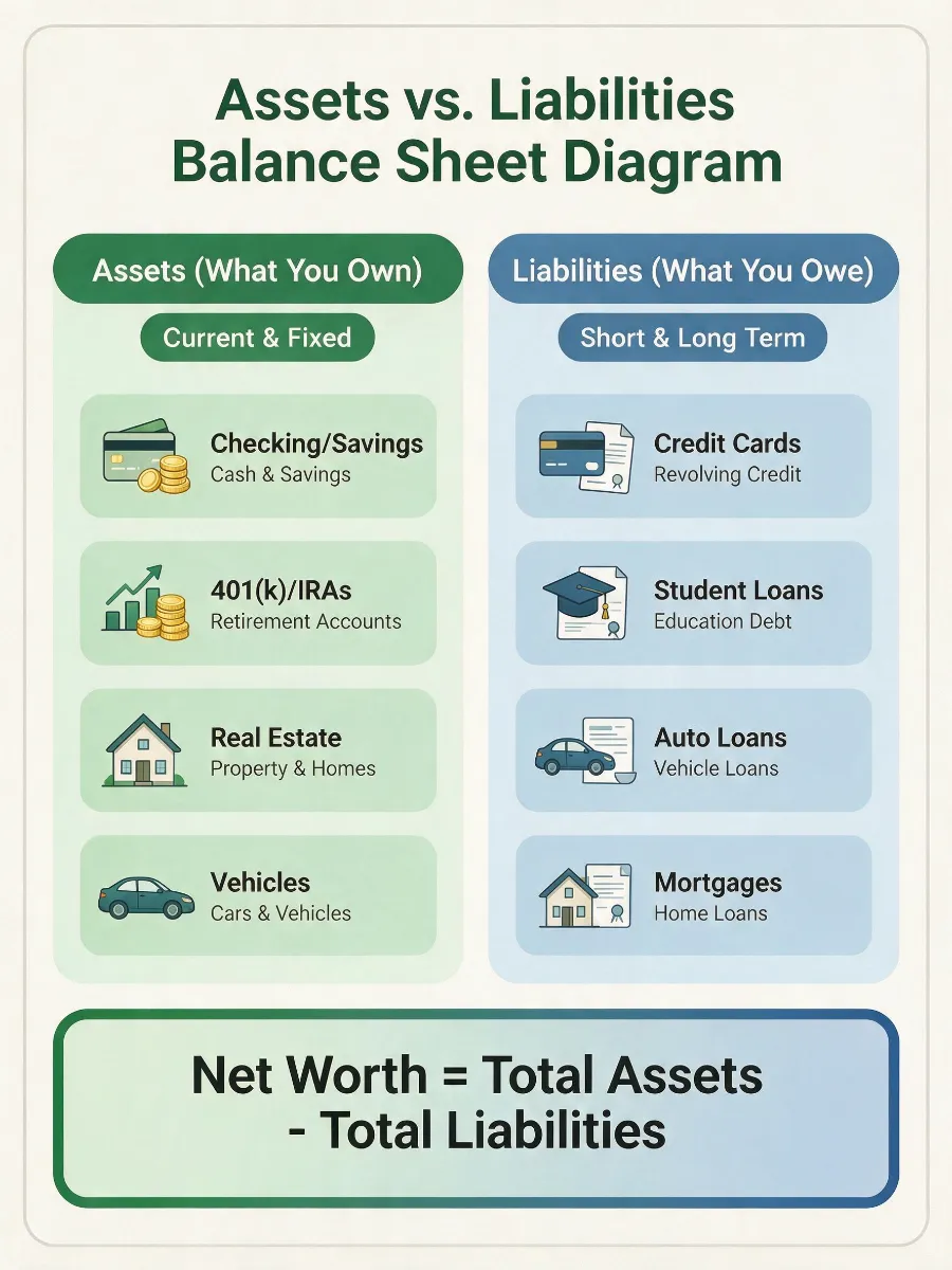 Balance sheet diagram comparing assets and liabilities using the net worth formula.