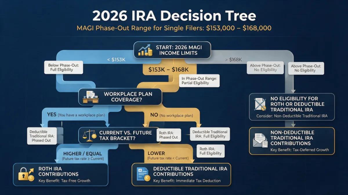 Flowchart diagram showing Roth IRA vs traditional IRA 2026 income rules and decision matrix.