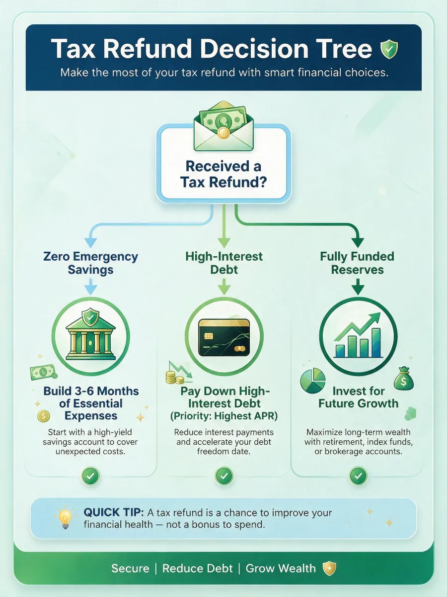 Tax refund decision tree showing strategic allocation between savings, high-interest debt, and long-term investing.