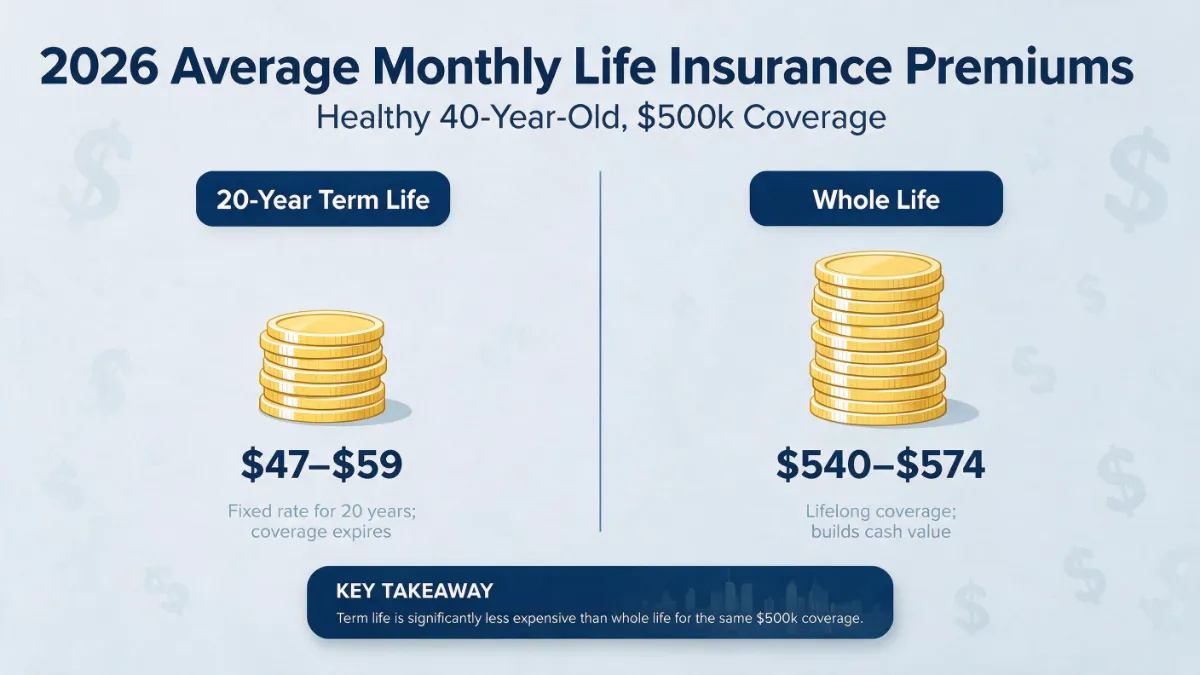 2026 average cost of term life insurance compared to whole life insurance premiums for a 40 year old.