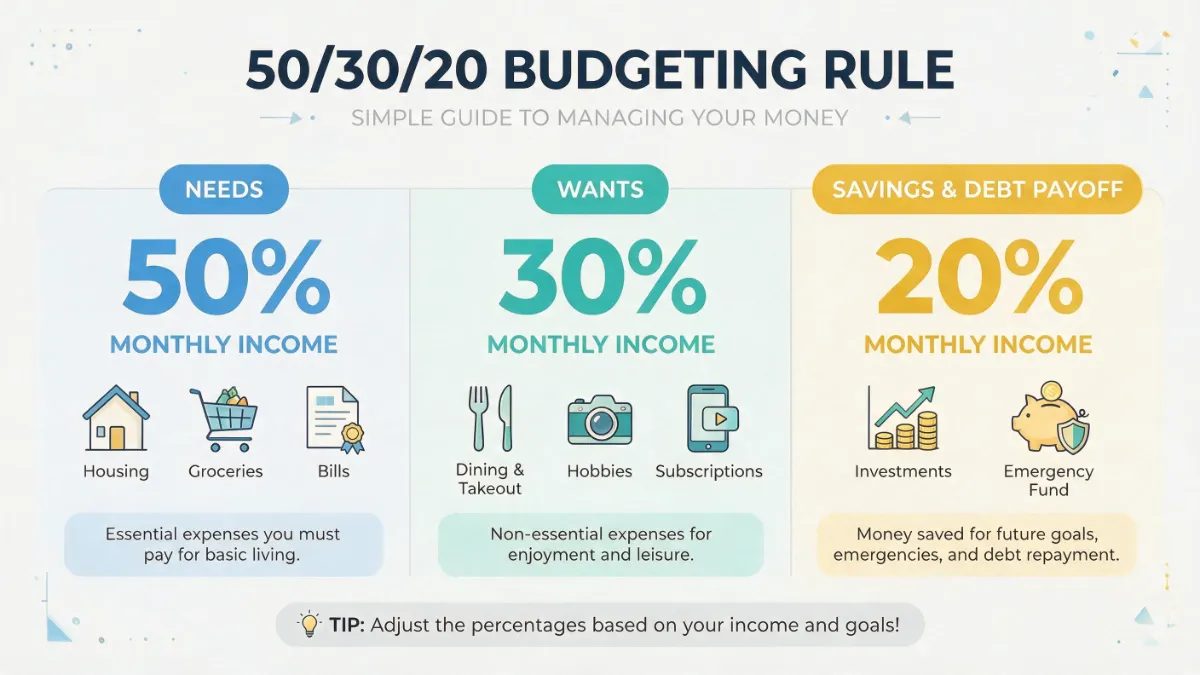 Infographic explaining the 50/30/20 budget rule breakdown for needs, wants, and savings in 2026.