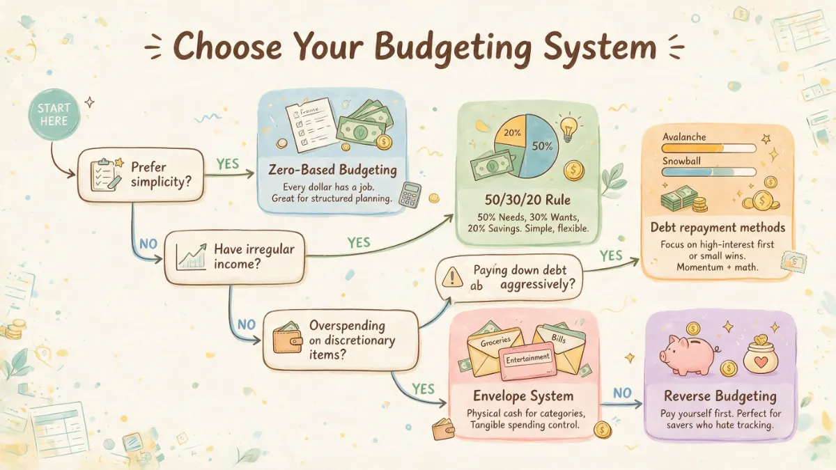 Flowchart guide on how to choose the best budgeting method in 2026 based on income and goals.