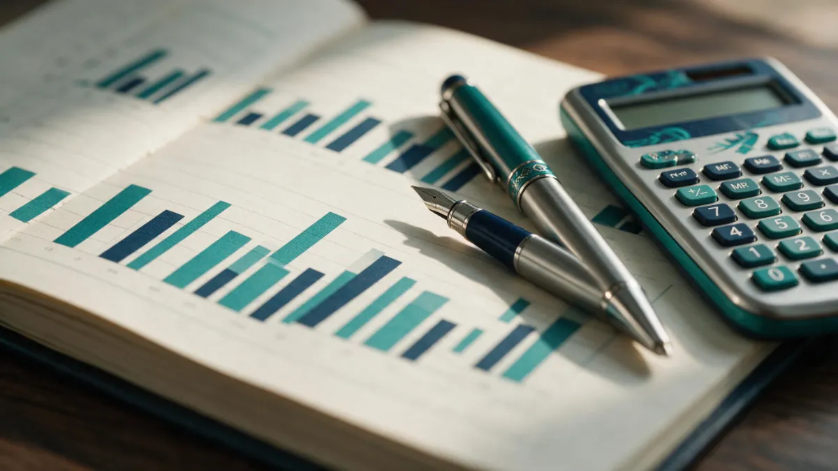 A calculator and financial ledger showing monthly benefit calculation adjustments for retirement planning.