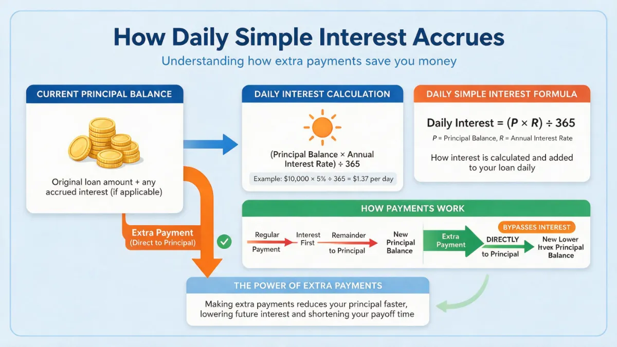 Flowchart graphic explaining how daily simple interest accrues on student loans and how extra payments reduce principal.