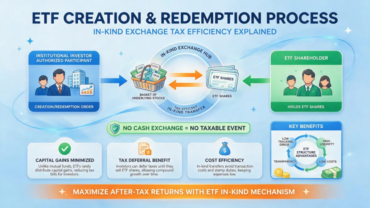 Diagram explaining why ETFs are more tax efficient than mutual funds through the in-kind creation and redemption process.