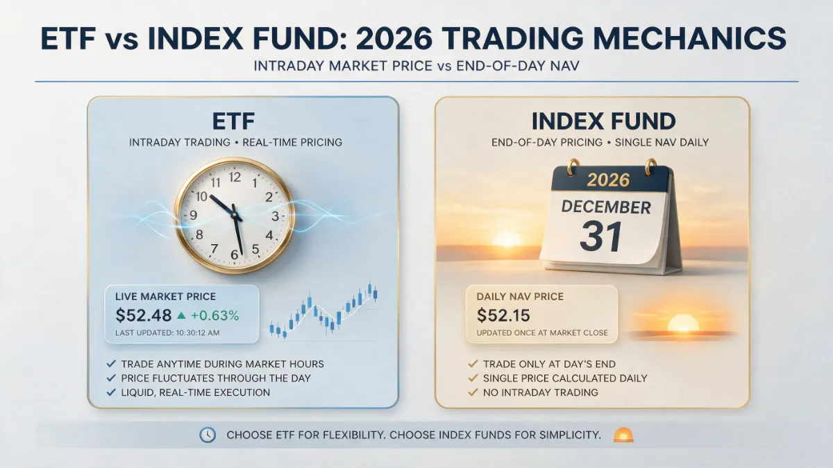 Infographic explaining the difference between index fund and ETF 2026 trading mechanics, comparing intraday market pricing with end-of-day NAV.