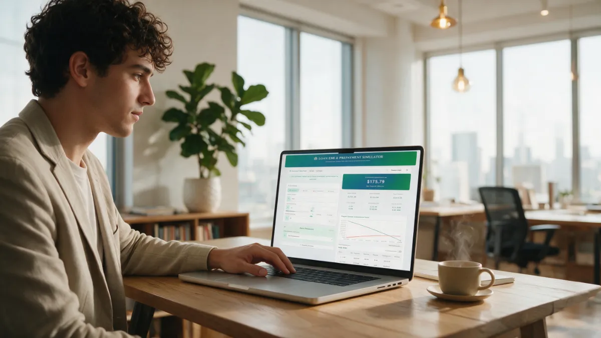 A person using a laptop to calculate if student loans affect credit score using the SaveXpert loan EMI calculator.