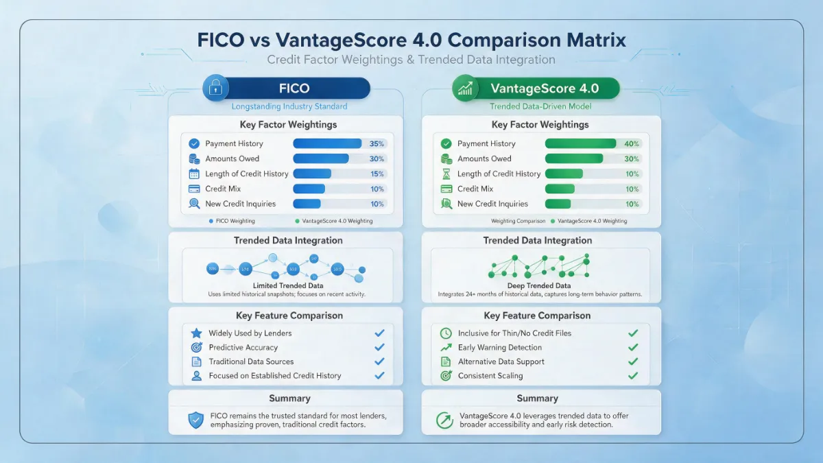 Visual comparison chart matrix highlighting FICO vs. VantageScore 4.0 factor weights, trended data, and minimum history rules.