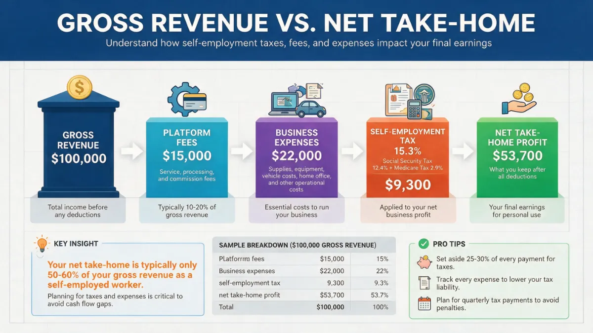 Infographic showing gross revenue versus net take-home pay after 15.3% self-employment tax for high paying side hustles.