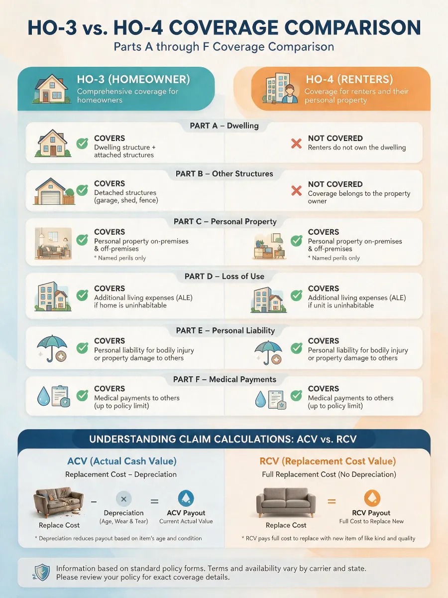 Infographic showing HO-3 vs HO-4 policy differences and the six core coverages A through F.