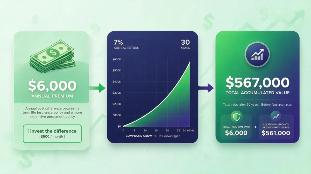 Buy term and invest the difference explained using a 30 year compounding interest chart.