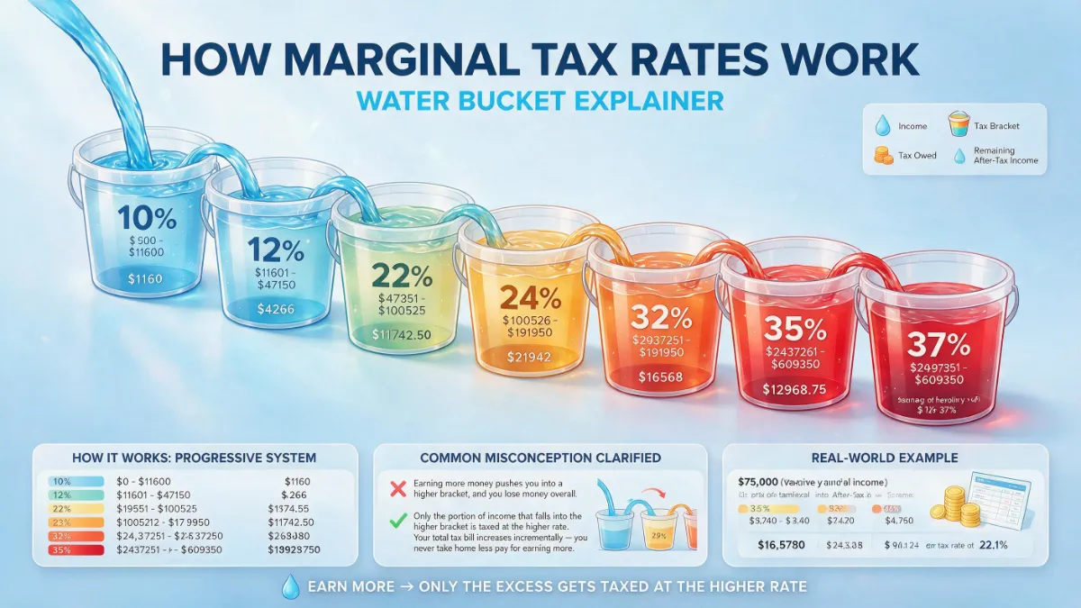 Infographic explaining how tax brackets work in 2026 using the marginal tax rate bucket concept.