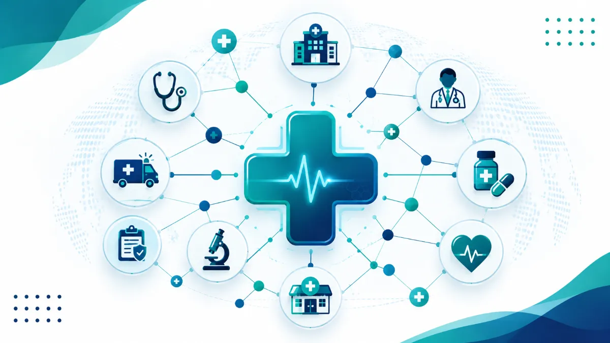 Connected nodes representing a medical provider network for health insurance enrollment 2026.