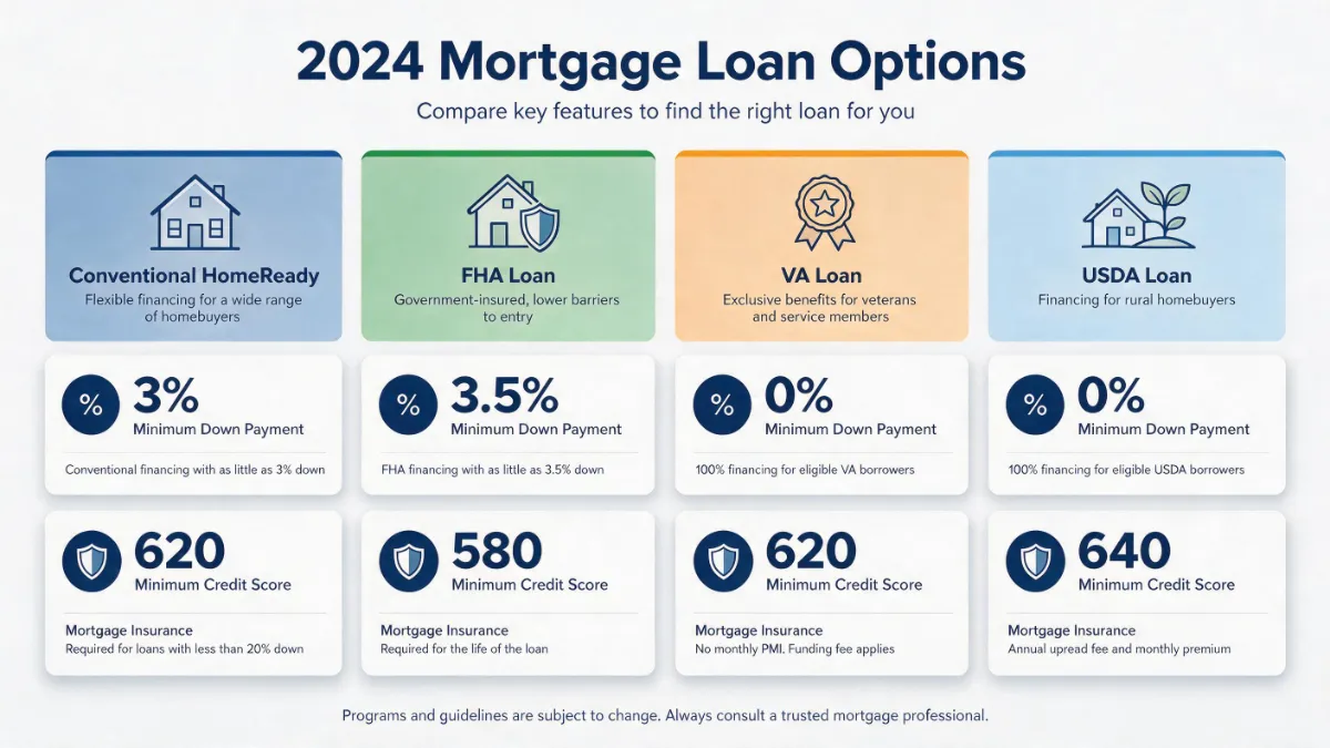 Best first-time home buyer loans 2026 comparison chart showing Conventional, FHA, VA, and USDA loan requirements.