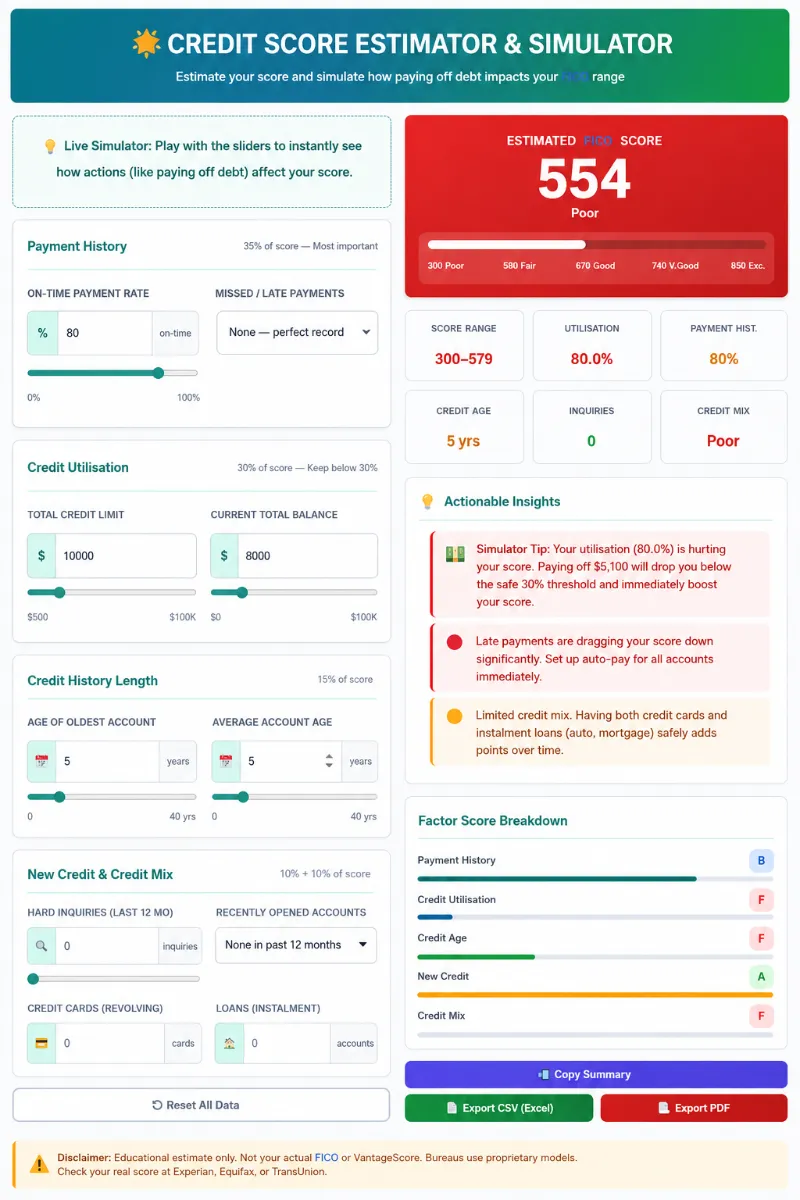 SaveXpert credit score estimator simulating what debt you should pay off first to lower utilization and raise your credit score.