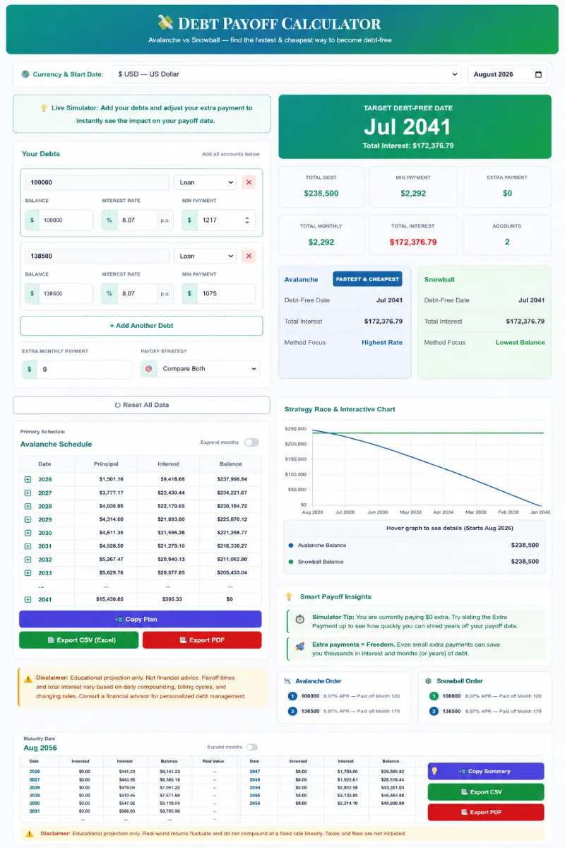 SaveXpert debt payoff calculator comparing the debt snowball vs avalanche method to show which saves more interest.