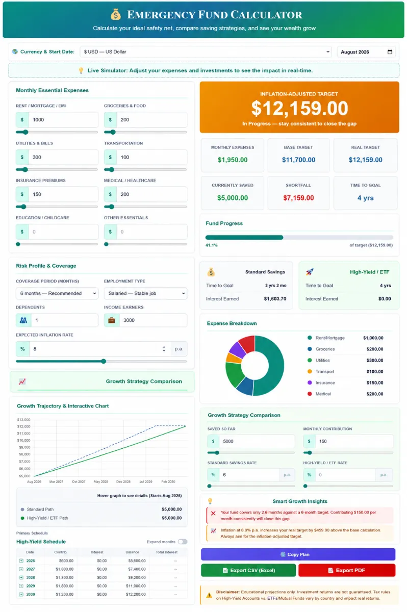 Interactive SaveXpert Emergency Fund Calculator interface displaying a $12,159 inflation-adjusted target, expense breakdown donut chart, and growth trajectory graph.