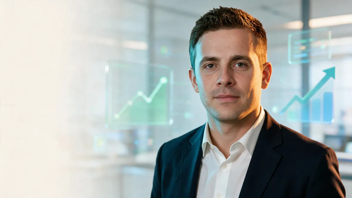 Kevin Brown, personal finance expert and author of SaveXpert, standing in a modern fintech workspace with digital wealth growth charts.
