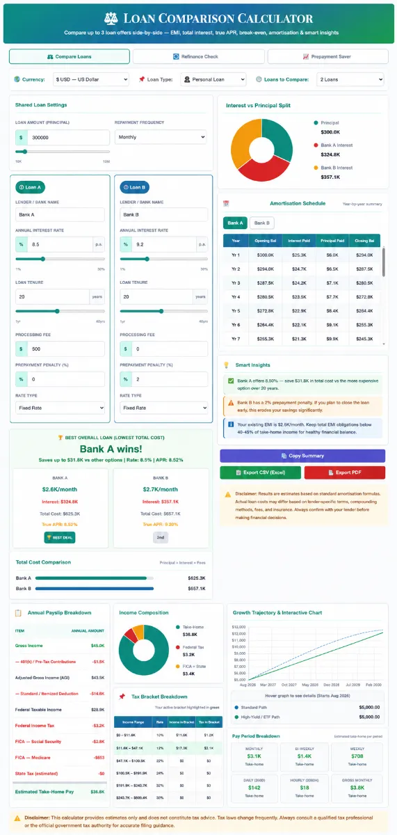 Interactive SaveXpert Loan Comparison Calculator interface comparing Bank A vs Bank B personal loan offers with side-by-side EMI, true APR, interest vs principal donut chart, and amortization schedule.