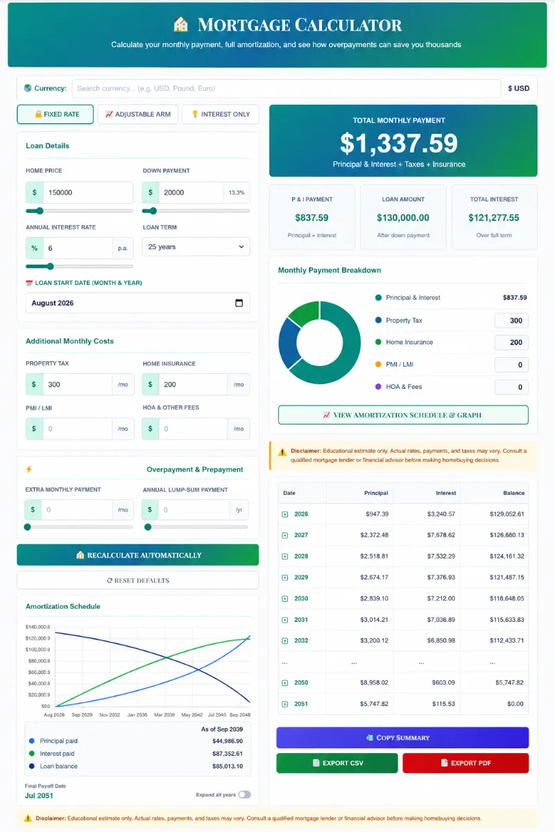 Interactive SaveXpert Mortgage Calculator interface showing a $1,337.59 total monthly payment, payment breakdown donut chart, and full amortization schedule graph.