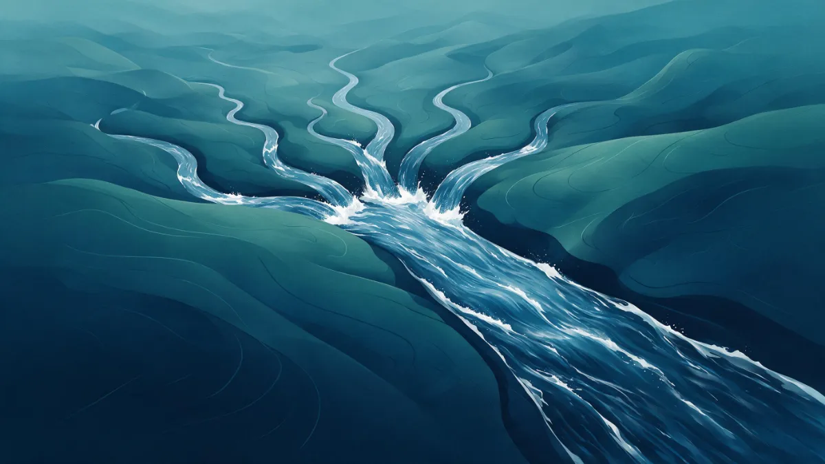 Abstract illustration showing required minimum distribution aggregation from multiple accounts into a single stream.