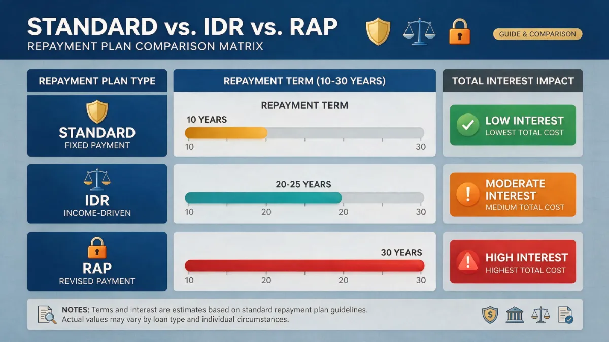 Infographic matrix comparing Standard, IDR, and RAP repayment terms and their long-term interest impacts.