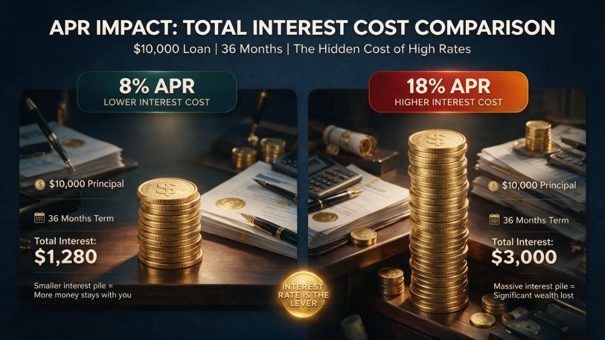Total Interest Cost Comparison showing a $10,000 Loan at 8% APR vs. 18% APR over 36 Months.