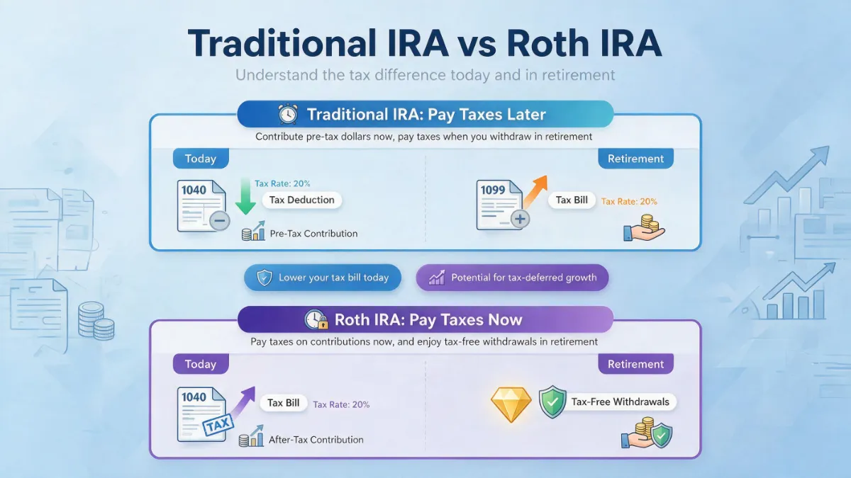 Flowchart explaining the tax timing differences between a Traditional IRA and a Roth IRA for retirement planning.