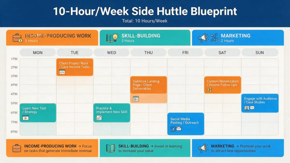 10-Hour per week time management schedule for balancing a side hustle with a full-time job.