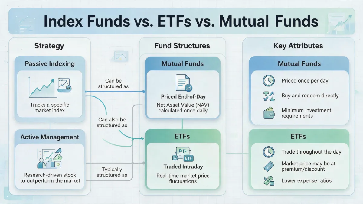 Comparison flowchart illustrating index funds vs ETFs vs mutual funds for beginner investors.