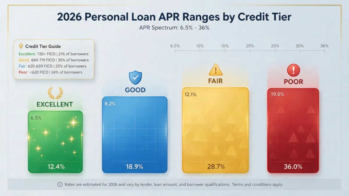 2026 Personal Loan APR Ranges by Credit Tier showing Excellent, Good, Fair, and Poor rate benchmarks.