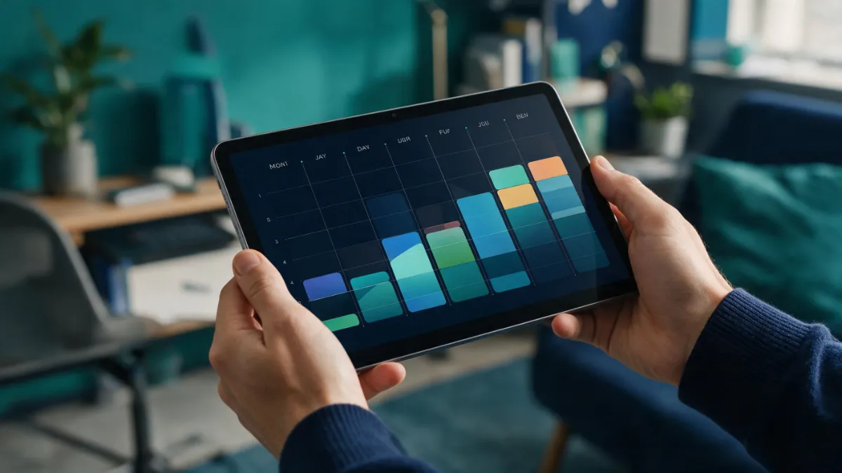 tablet-in-hands An investor reviewing recurring investment contributions on a digital tablet in a modern office setup.