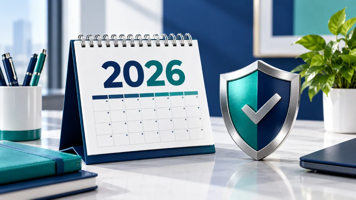Calendar transitioning to 2026 alongside a shield representing FCRA credit file disclosure changes.