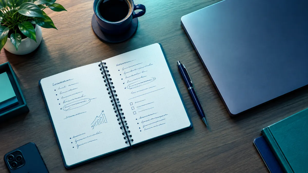 Anual-performance-review Preparing compensation negotiation strategies at a desk before an annual performance review.