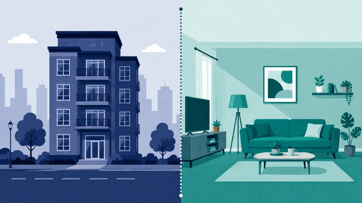Illustration separating a landlord policy covering the building from tenant insurance covering contents.
