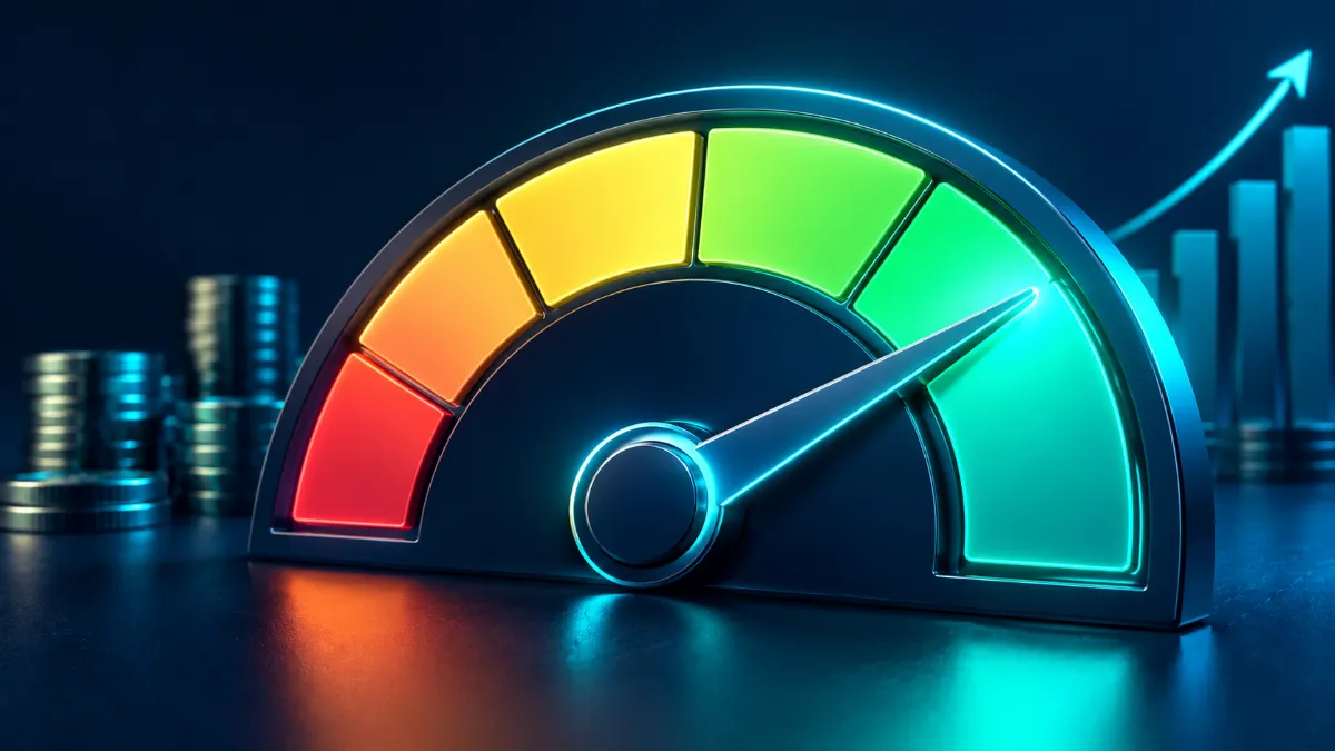 Credit score gauge pointing to excellent zone for balance transfer card eligibility.