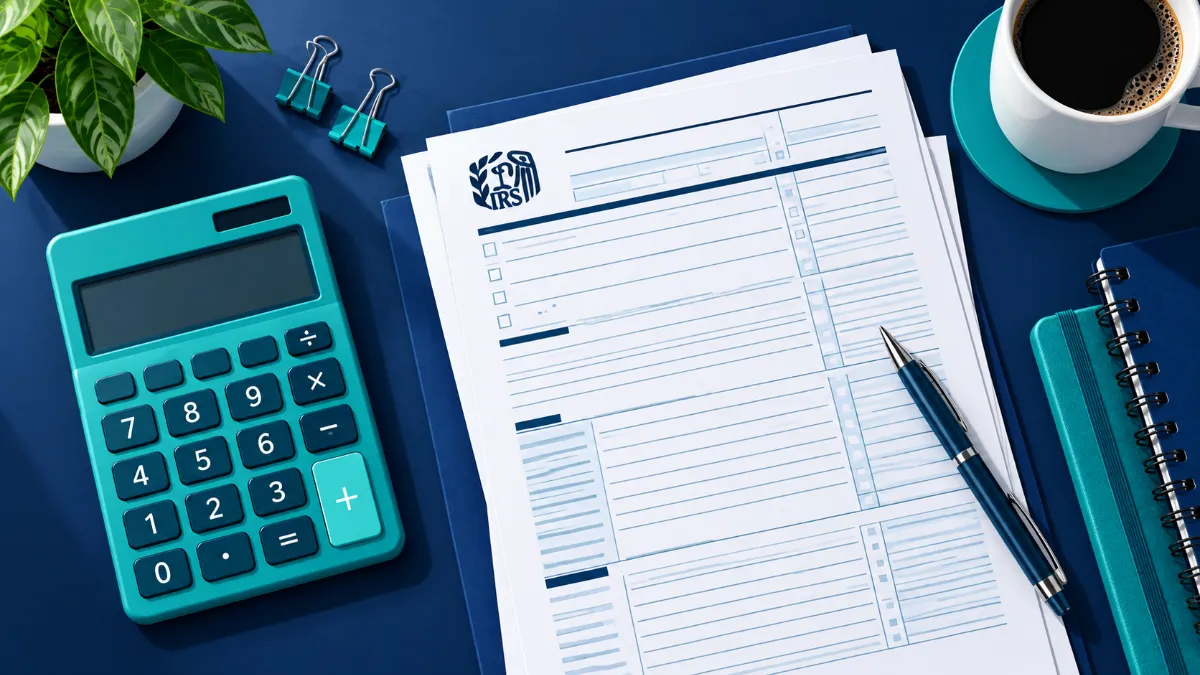 Calculator-and-Tax Calculator and tax documents calculating the taxable conversion amount for retirement accounts.